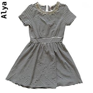 ❤️ Alya Black & White Striped Fit & Flare Dress with Embellished Collar Sz M